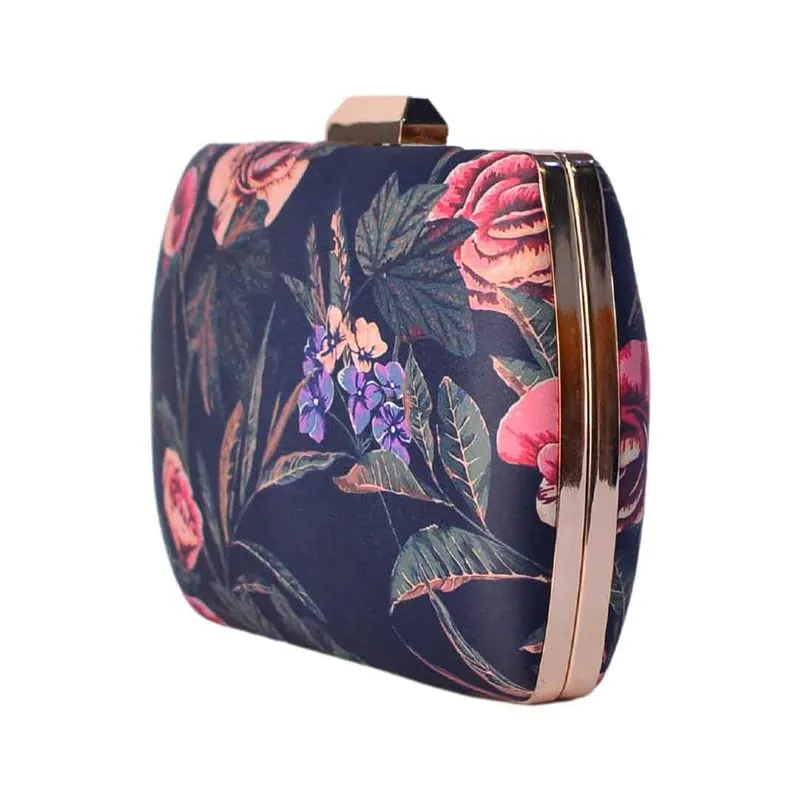 Artklim Printed Floral Clutch On Navy Blue Background
