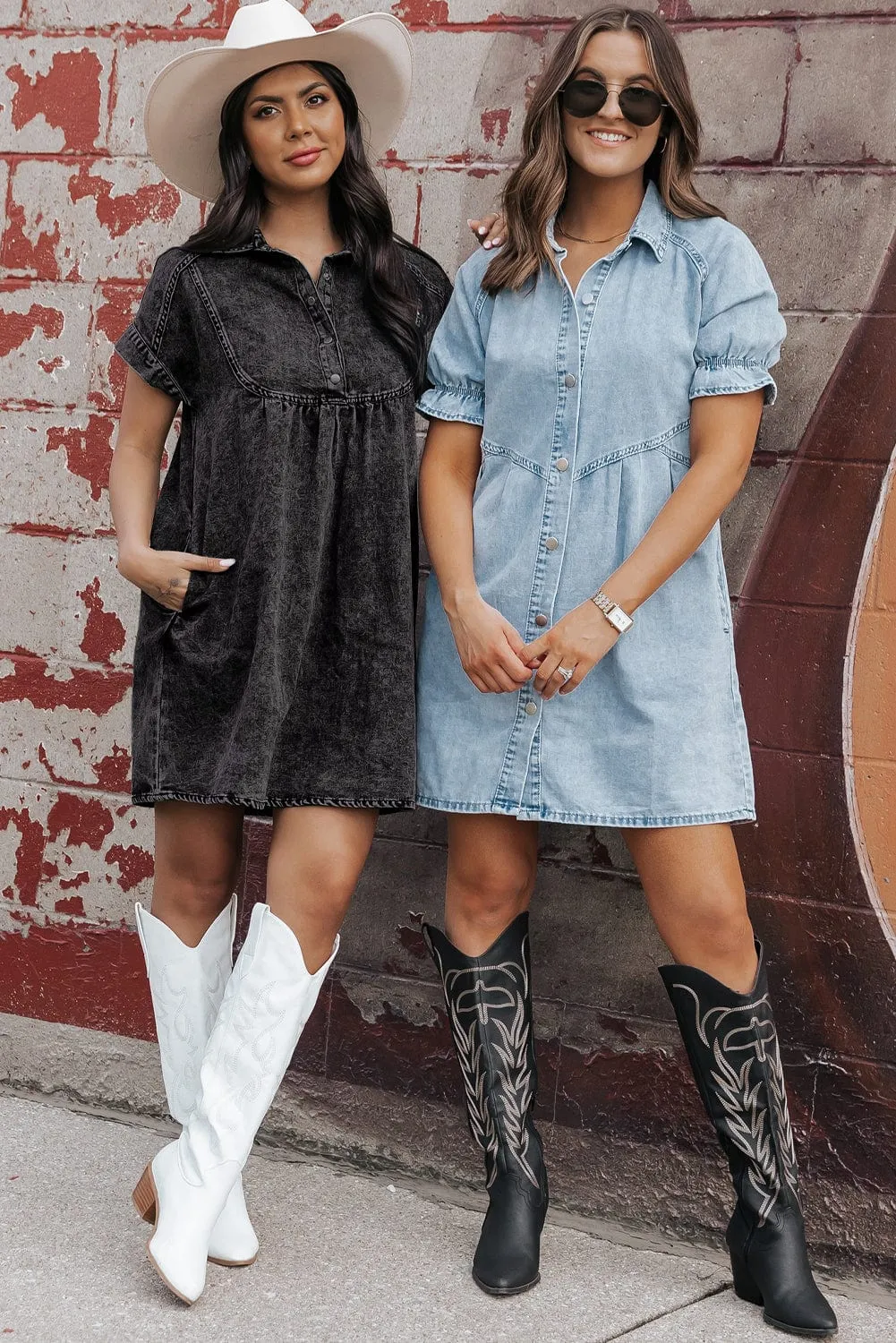 Beau Blue Chambray Ruffled Collared Denim Shift Dress