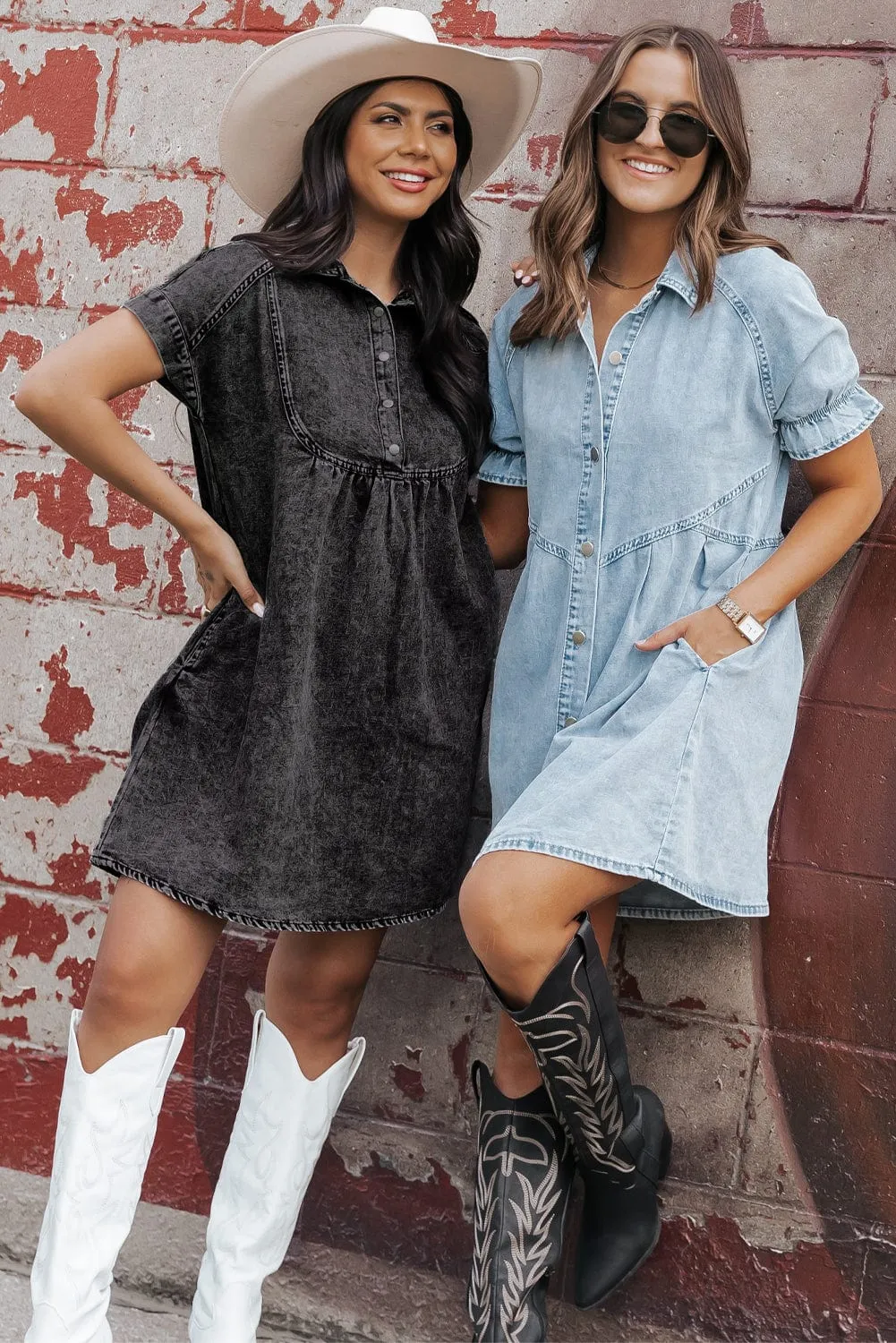 Beau Blue Chambray Ruffled Collared Denim Shift Dress