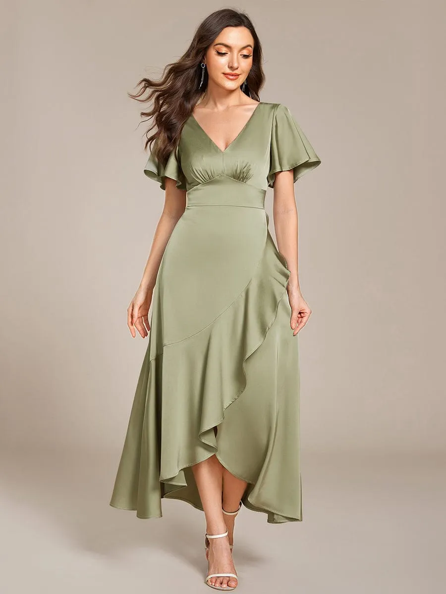 Elegant A-Line Satin Ruched High-Low Bridesmaid Dress