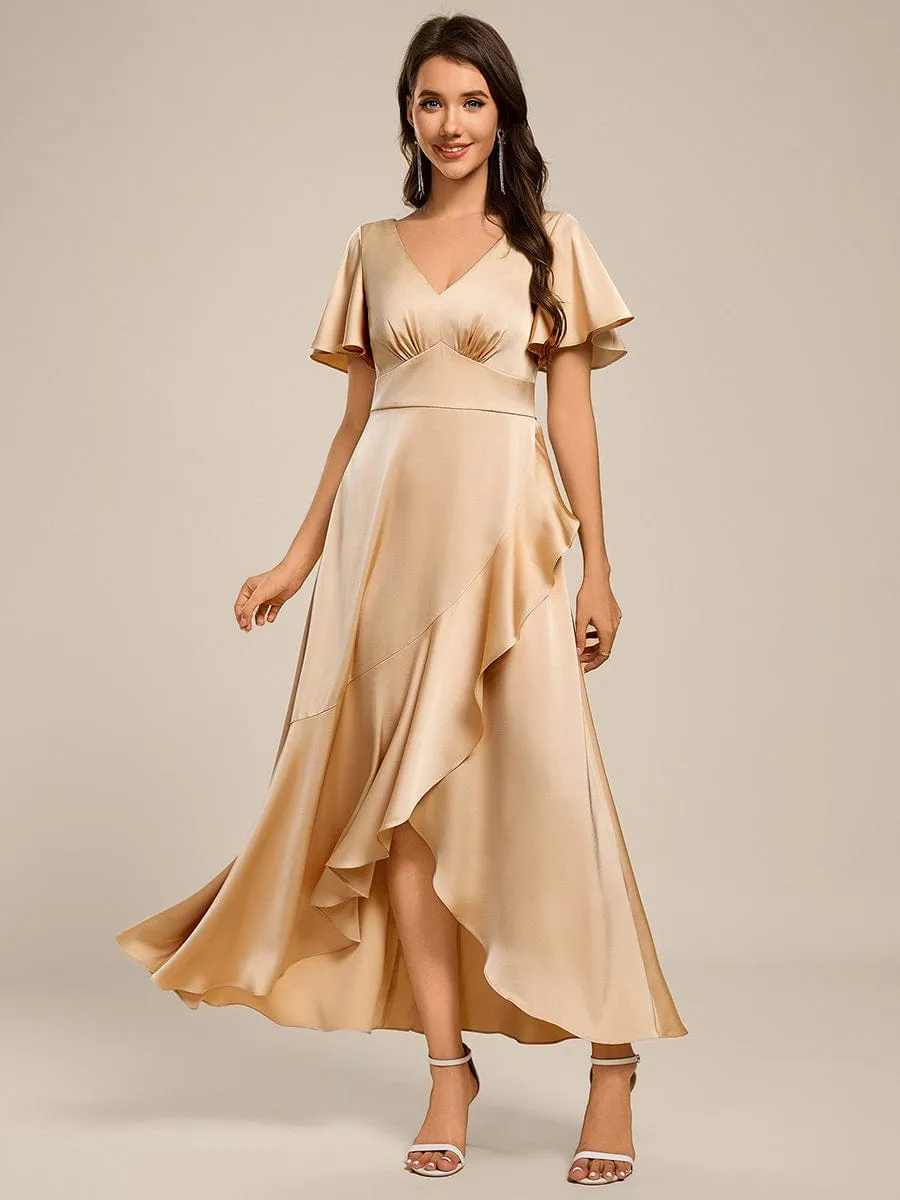 Elegant A-Line Satin Ruched High-Low Bridesmaid Dress