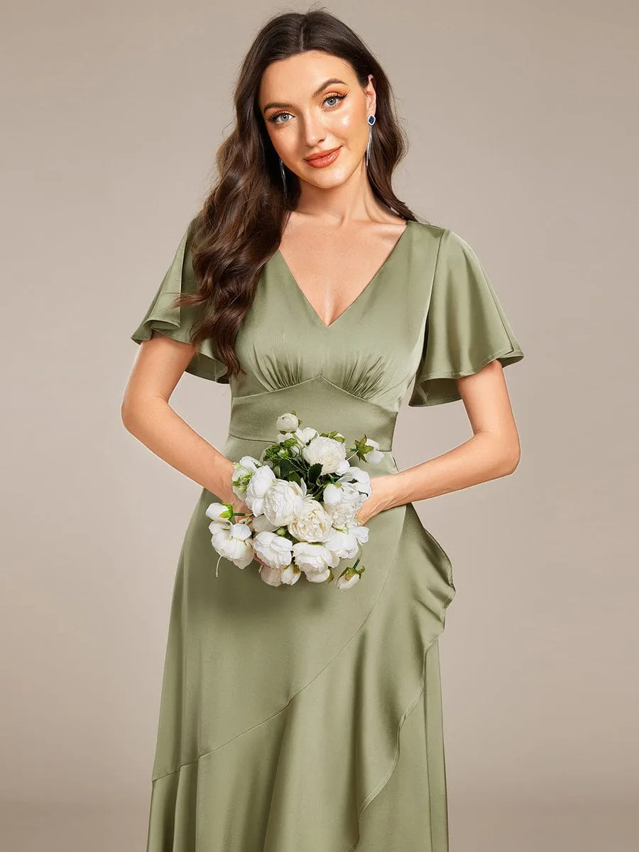 Elegant A-Line Satin Ruched High-Low Bridesmaid Dress