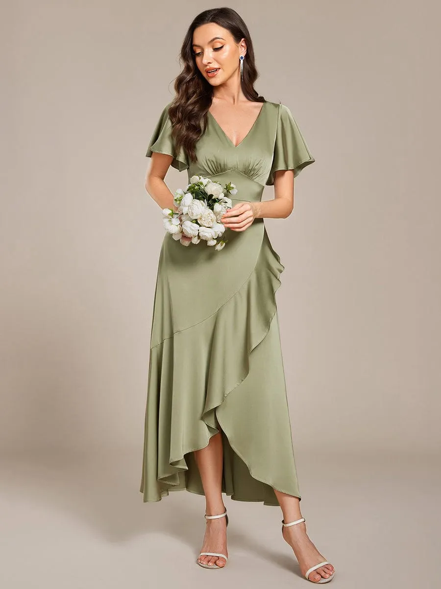 Elegant A-Line Satin Ruched High-Low Bridesmaid Dress