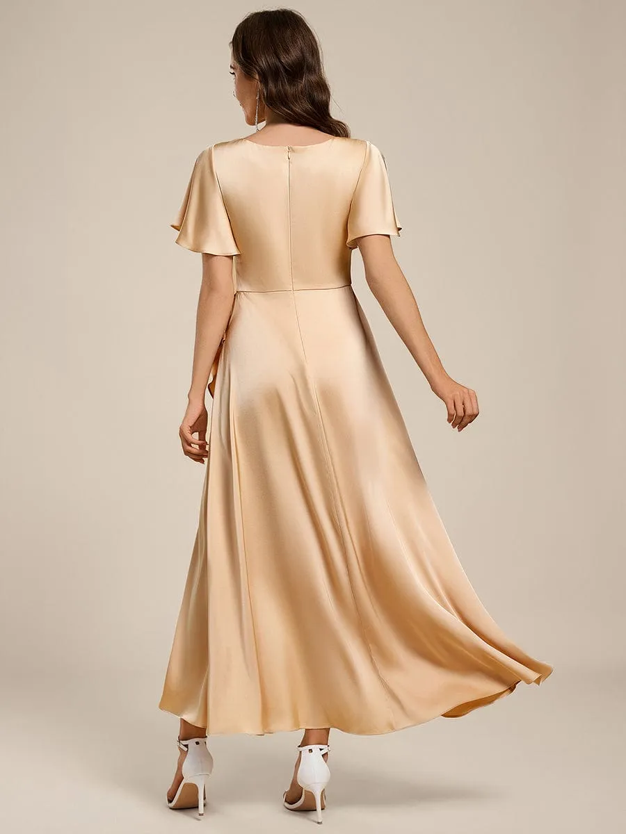 Elegant A-Line Satin Ruched High-Low Bridesmaid Dress