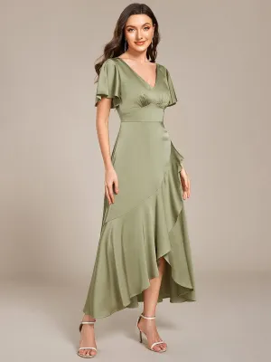 Elegant A-Line Satin Ruched High-Low Bridesmaid Dress
