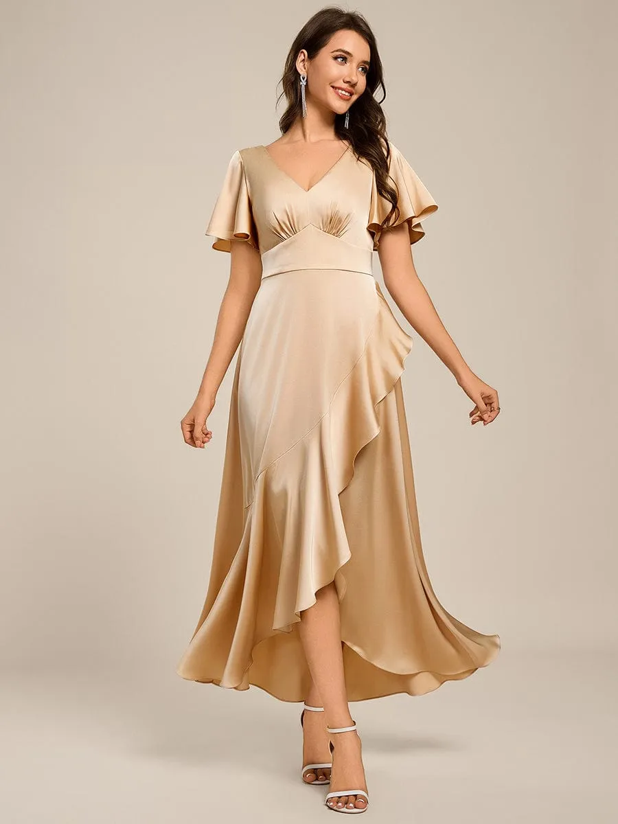 Elegant A-Line Satin Ruched High-Low Bridesmaid Dress