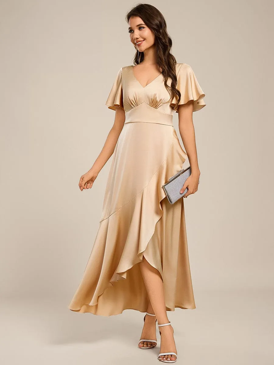 Elegant A-Line Satin Ruched High-Low Bridesmaid Dress