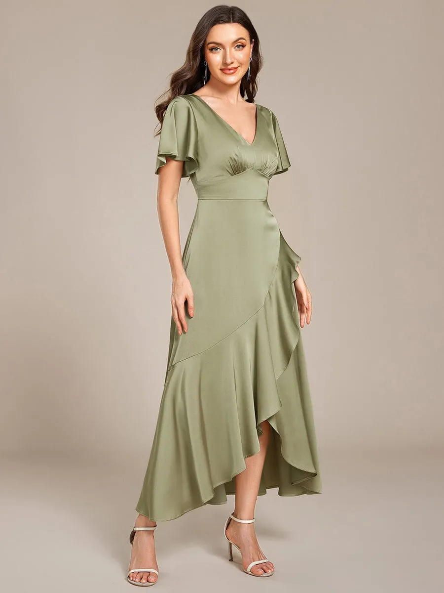 Elegant A-Line Satin Ruched High-Low Bridesmaid Dress