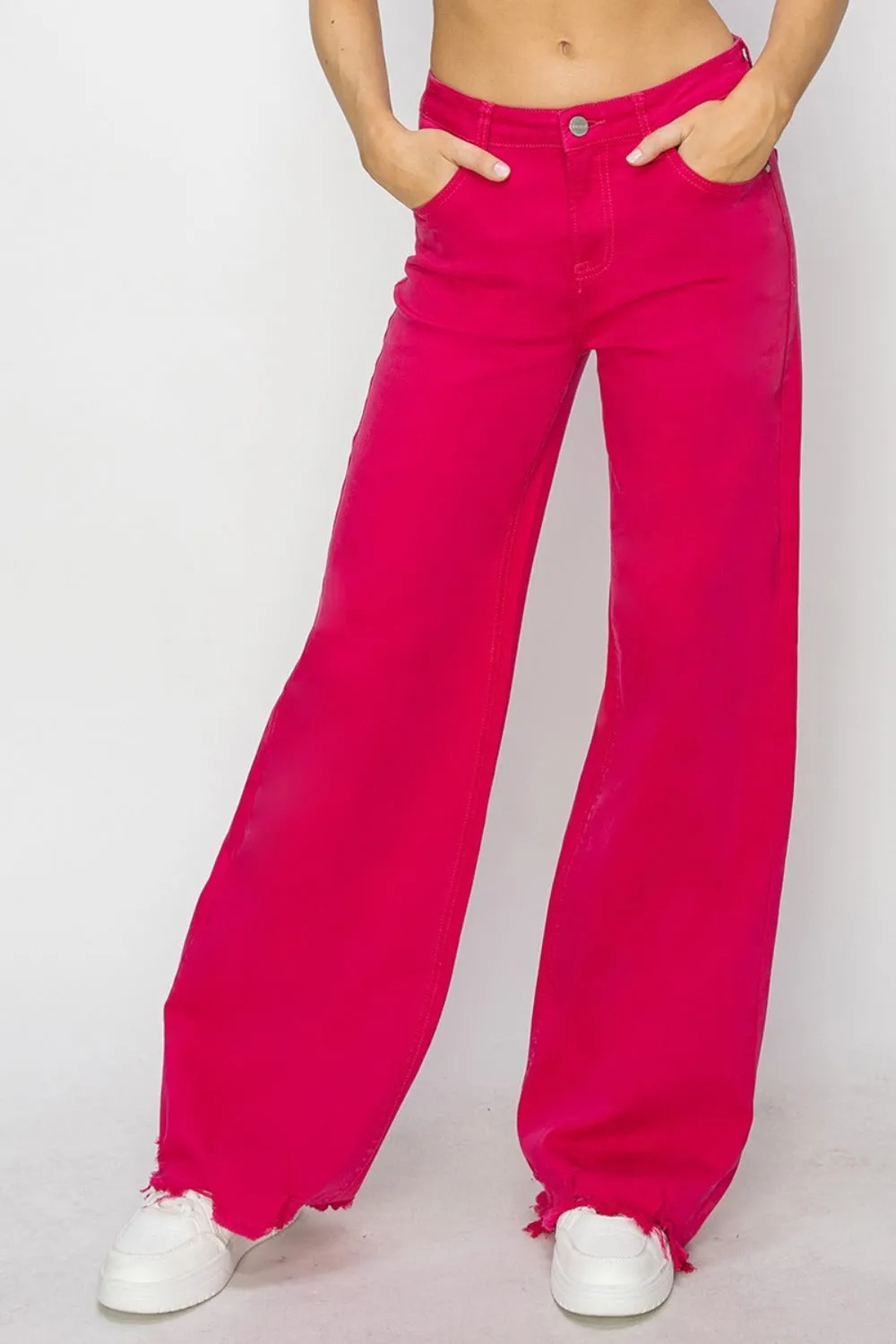 RISEN High Rise Wide Leg Fuscia Denim Jeans