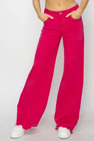 RISEN High Rise Wide Leg Fuscia Denim Jeans