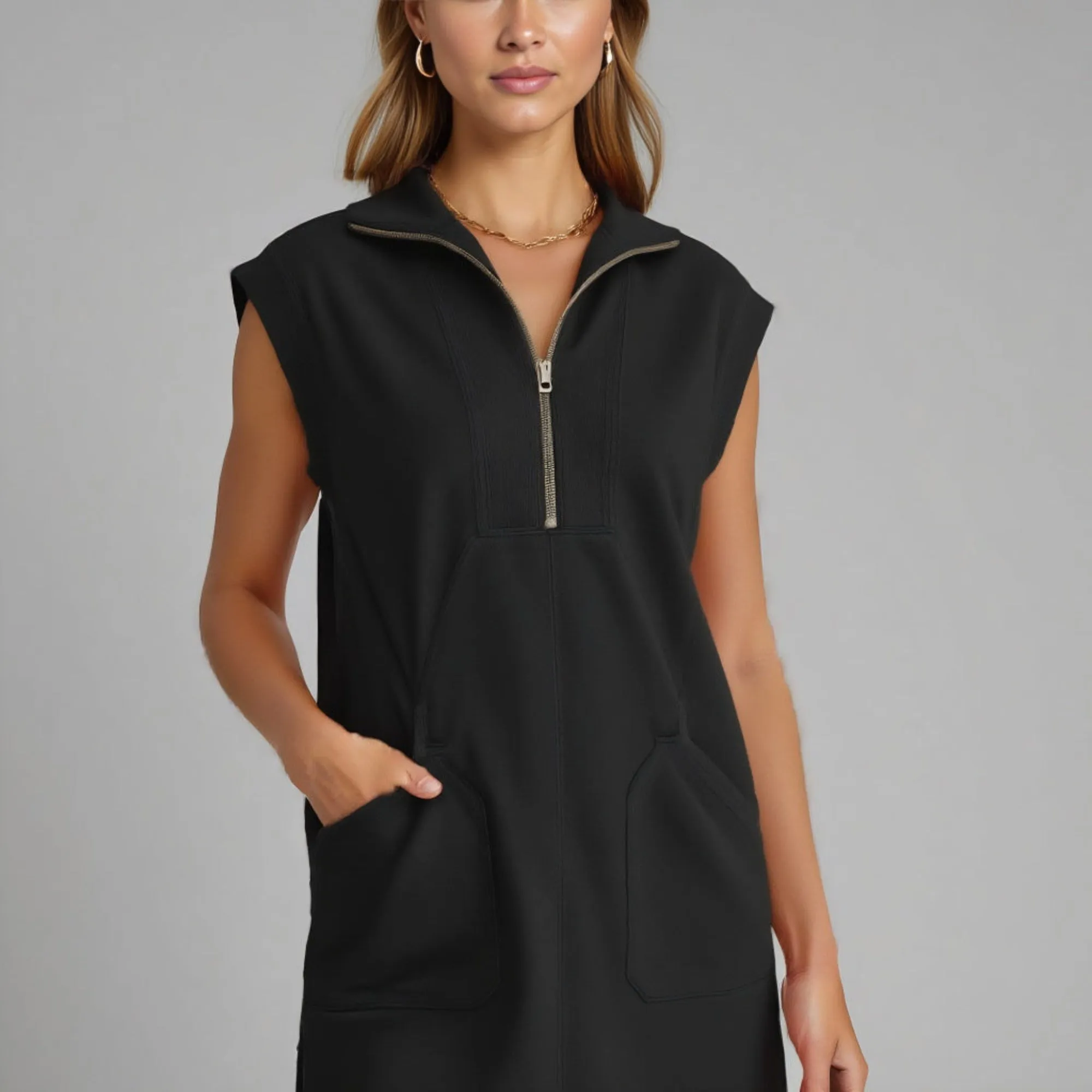 Sleeveless Zip Front Mini Dress with Pockets and Relaxed Fit