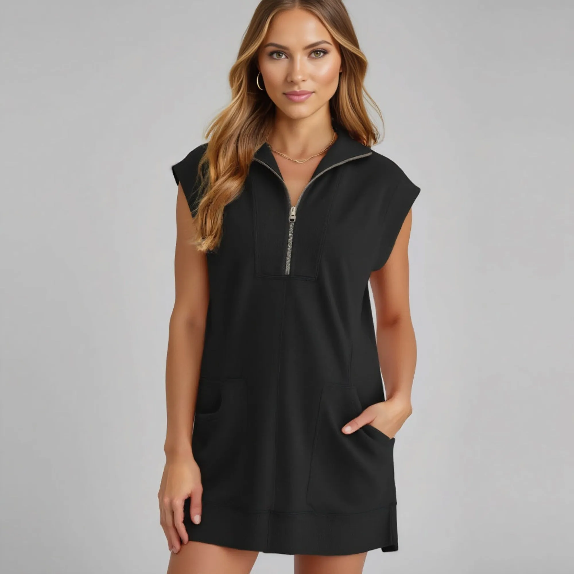 Sleeveless Zip Front Mini Dress with Pockets and Relaxed Fit