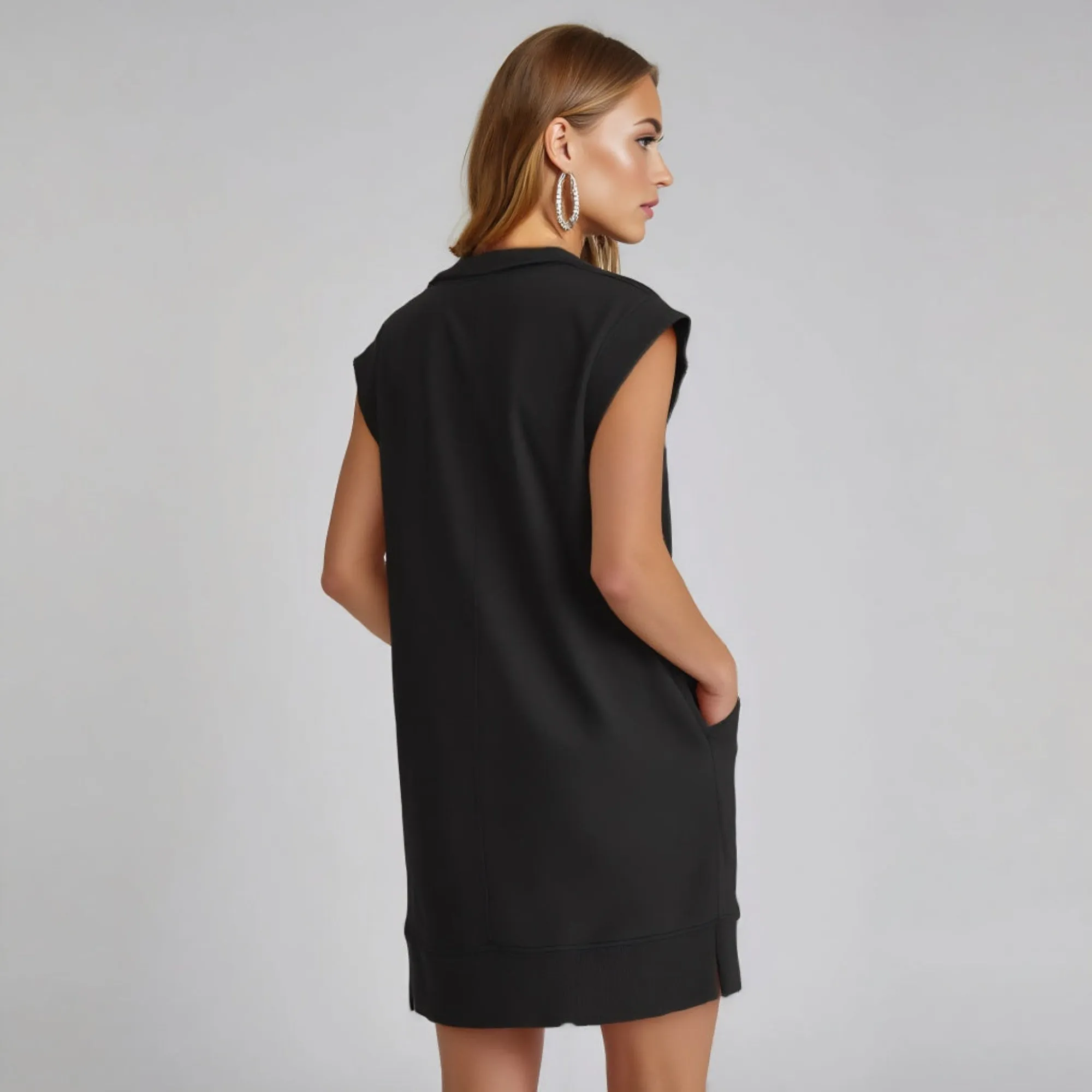 Sleeveless Zip Front Mini Dress with Pockets and Relaxed Fit