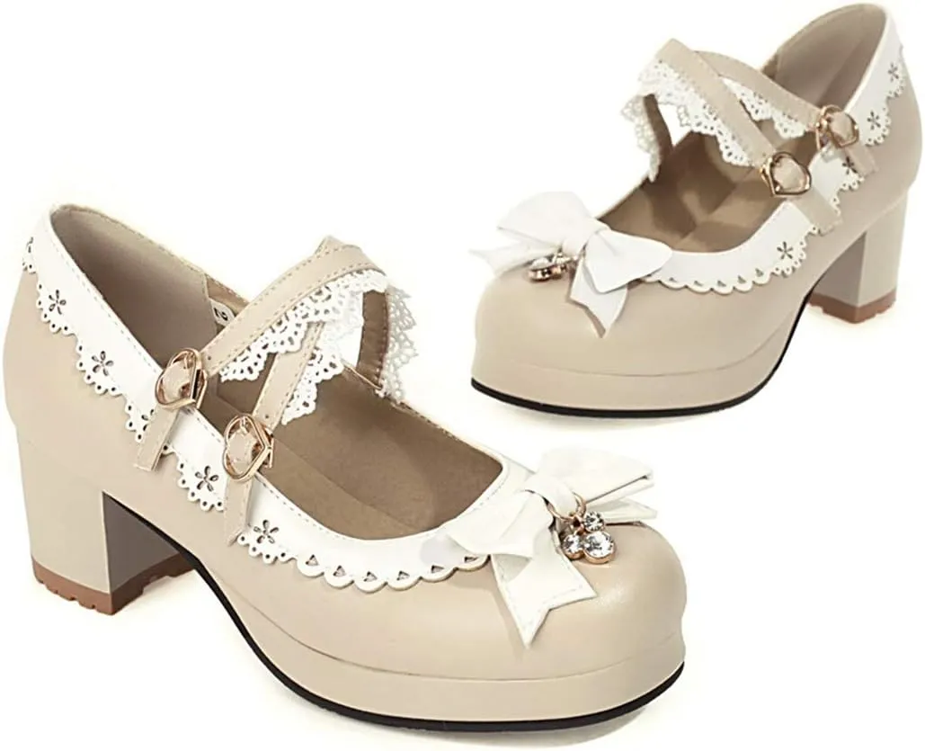VOKLIN Women's Girls Lolita Mary Jane Shoes Sweet Bow Cross Ankle Strap Mid Heels Cosplay Oxford Dress Pumps