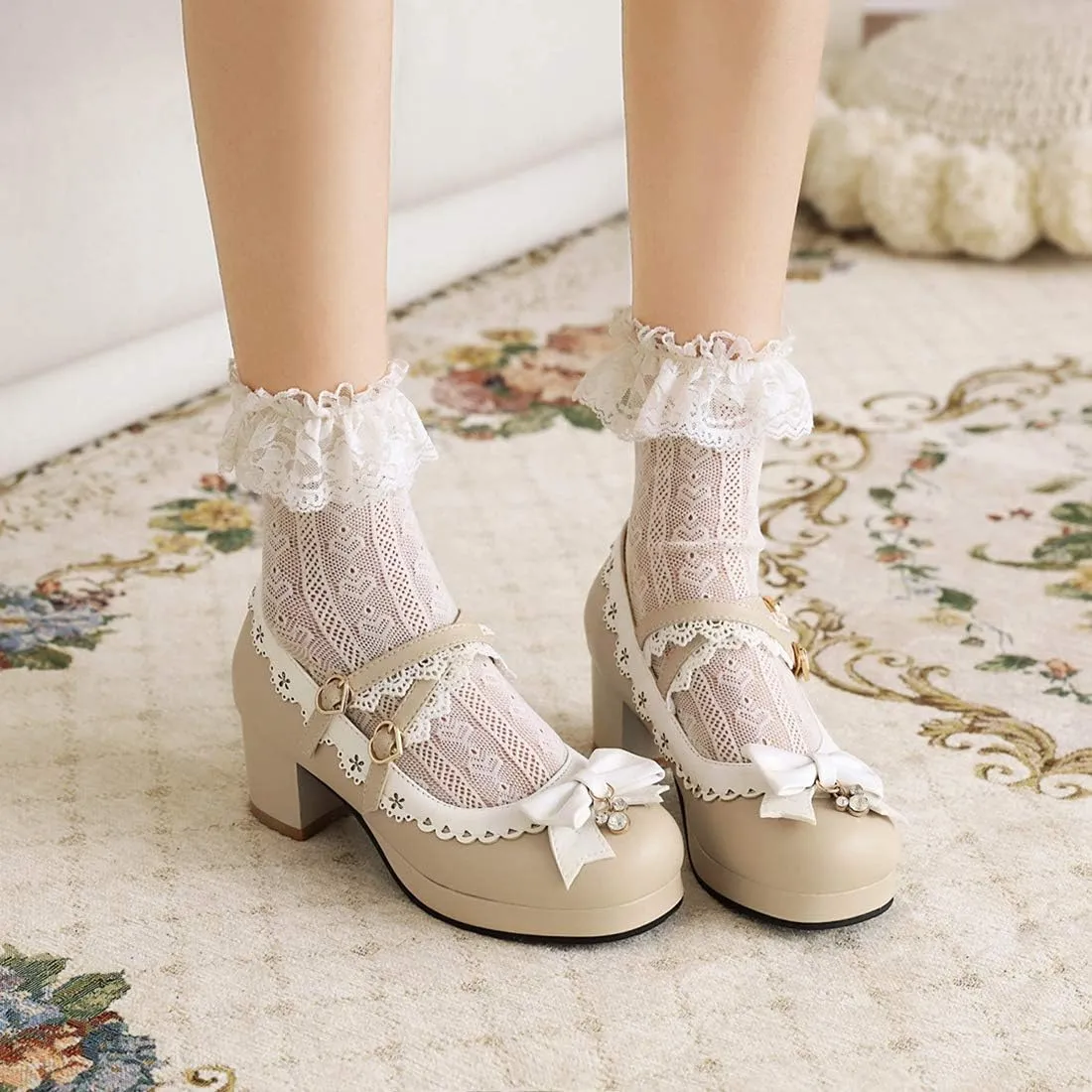 VOKLIN Women's Girls Lolita Mary Jane Shoes Sweet Bow Cross Ankle Strap Mid Heels Cosplay Oxford Dress Pumps