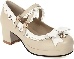 VOKLIN Women's Girls Lolita Mary Jane Shoes Sweet Bow Cross Ankle Strap Mid Heels Cosplay Oxford Dress Pumps