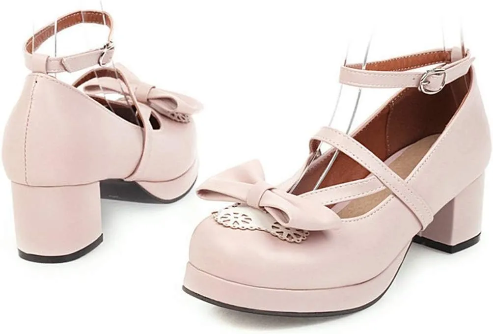 VOKLIN Women's Girls Lolita Mary Janes Pumps Sweet Bow Ankle Strap Platform Block Mid Heel Oxford Dress Shoes