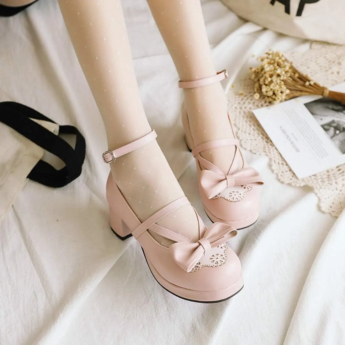 VOKLIN Women's Girls Lolita Mary Janes Pumps Sweet Bow Ankle Strap Platform Block Mid Heel Oxford Dress Shoes